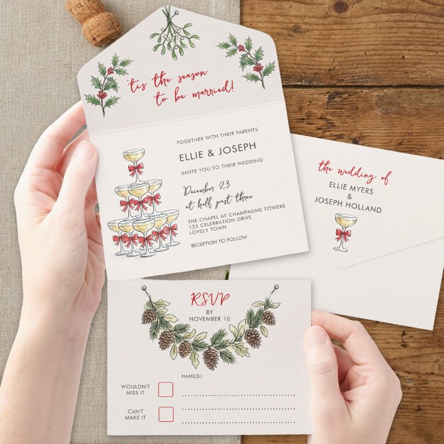 Casamento de Natal Caprichoso com Champanhe (Wedding Invite + RSVP from the Whimsical Champagne Tower Holiday Wedding Collection by Darling & May)