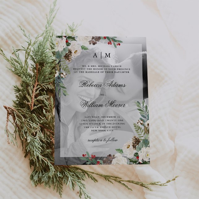 Casamento de Natal | Convite para fotos com sobrep (A classic winter wedding invitation with your photo and Christmas flowers and greenery)