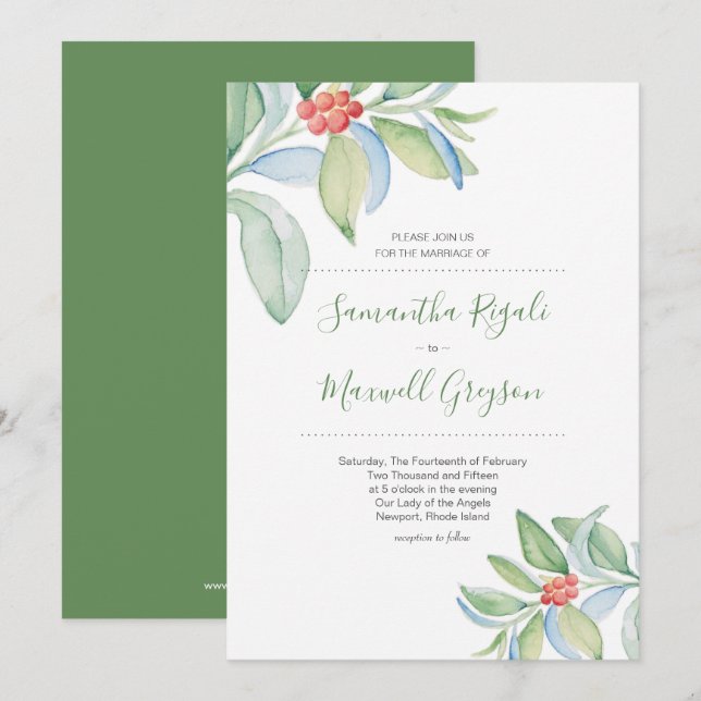 Casamento de Natal Convite Watercolor Greenery (Frente/Verso)