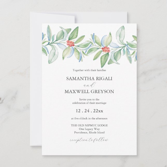 Casamento de Natal Convite Watercolor Greenery (Frente)