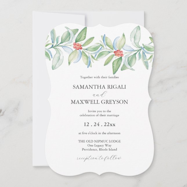 Casamento de Natal Convite Watercolor Greenery (Frente)