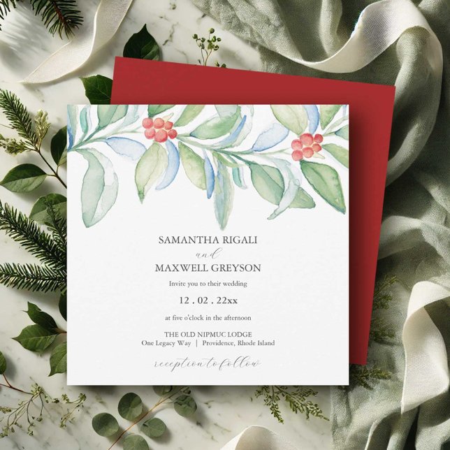 Casamento de Natal Convites Aquarela Verde (Christmas wedding invitations elegant botanical watercolor art  Victoria Grigaliunas DoTellABelle)