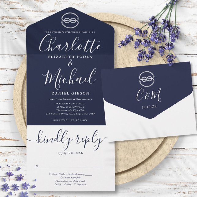 Casamento de Nó Náutico Azul Marinho e Branco Scri (Nautical Knot Navy Blue And White Script Wedding All In One Invitation)