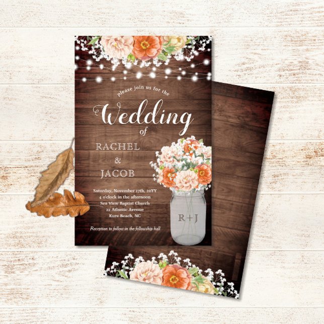 Casamento de Orçamento da Rústica Queda Laranja Ma (Rustic Fall Floral Mason Jar Vase Budget Wedding Invitation)