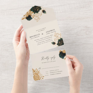casamento de ouro de aquarela tudo em um convite