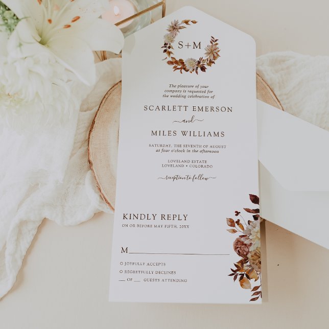 Casamento de Outono (Rustic Boho Fall Wedding Mongrammed All In One Invitation by Painted Paperie
)