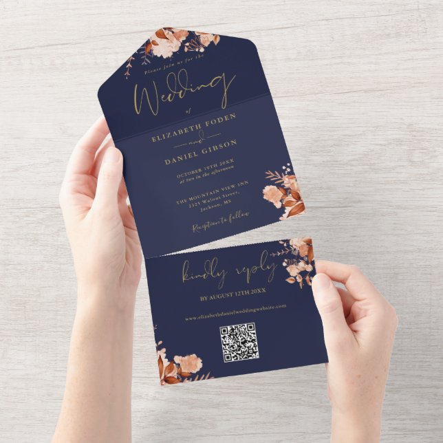 Casamento de Outono com Código QR Floral Azul Mari (Aba destacável)