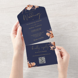 Casamento de Outono com Código QR Floral Azul Mari