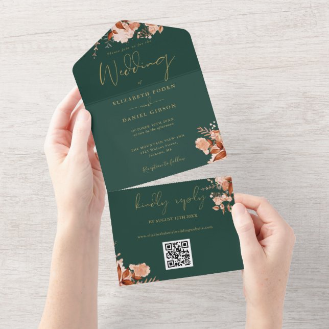 Casamento de Outono com Código QR Floral Esmeralda (Aba destacável)