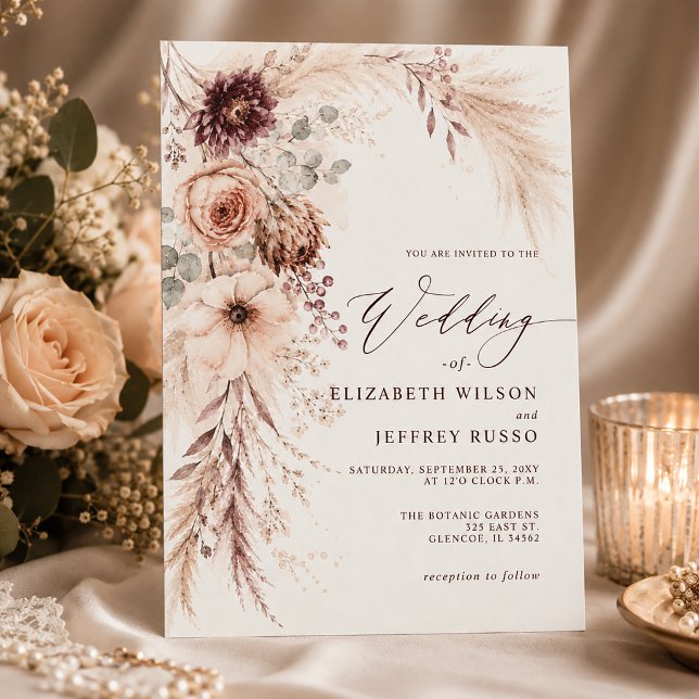 Casamento de Outono com Grama das Pampas Burgundy  (Budget Burgundy Pampas Grass Fall Wedding Invitation)