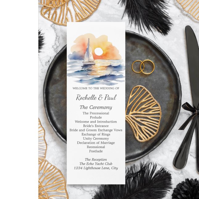 Casamento de paisagens solares para embarcações de (Watercolor Sailboat Sunset Seascape Wedding Suite)