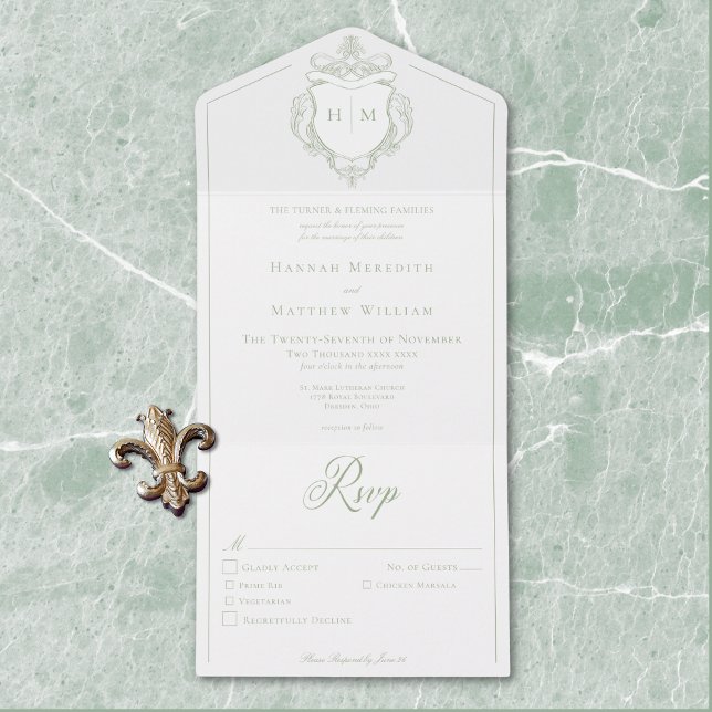 Casamento de Pássaros de Chinoiserie Verde Elegant (Elegant Green Chinoiserie Bird Crest Wedding All In One Invitation)