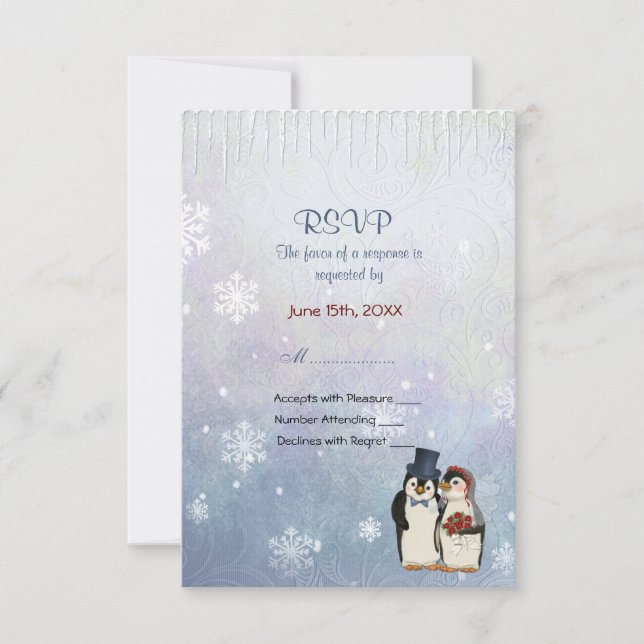 Casamento de pinguins com flocos de neve - RSVP (Frente)