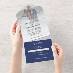 Casamento de Praia com Foto Azul Marinho Elegante