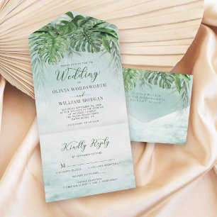 Casamento de praia com granja verde de folhas trop