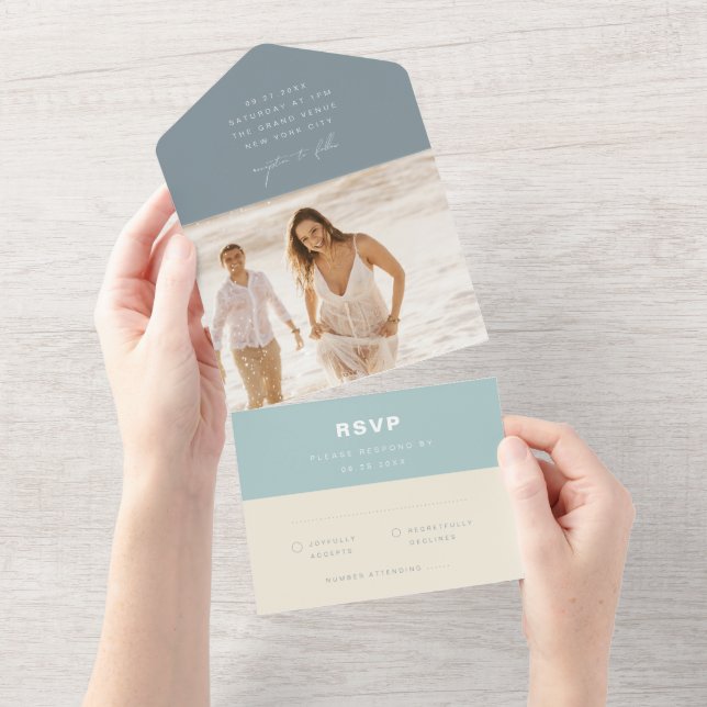 Casamento de Praia Simples Moderno em Azul Desbota (Aba destacável)