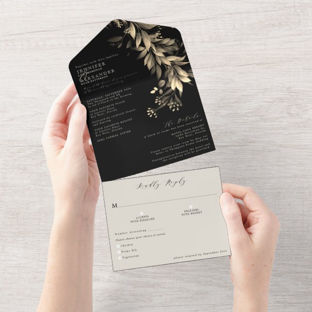 Casamento de preto e bege com um verde simples (Aba destacável)