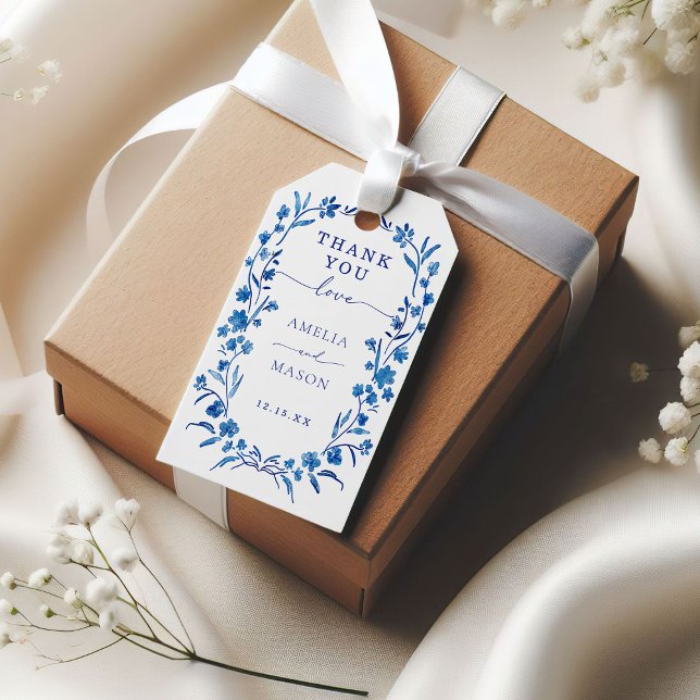 Casamento de Quadro Floral Azul Obrigado Etiqueta  (Blue Floral Watercolor Frame Thank You Wedding Gift Tag)