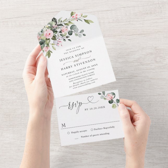 Casamento de Rosas Eucalyptus Blush Elegante Water (Aba destacável)