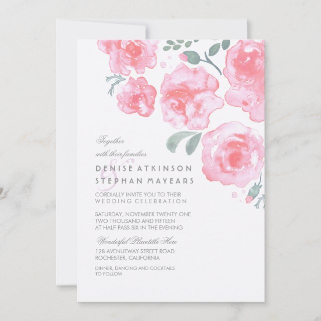 Casamento de Rosas Rosa - Convites Por Aquarela (Frente)