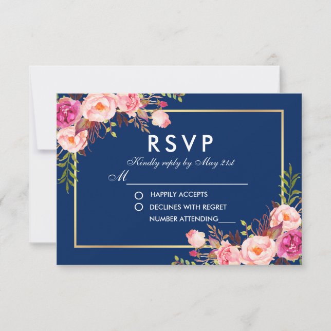 Casamento de RSVP Azul com Cor de Água Floral Rosa (Frente)