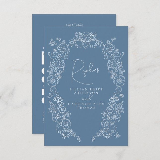 Casamento de RSVP com o monograma de cinza azul de (Frente/Verso)