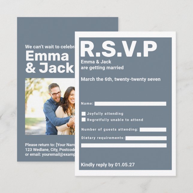 Casamento de RSVP da tipografia azul moderna (Frente/Verso)