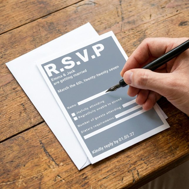 Casamento de RSVP da tipografia azul moderna (Modern Blue Bold typography RSVP Wedding response card with fillable fields.)