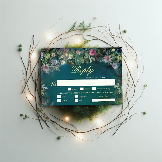 Casamento de RSVP de Casamento de Refeições com Fa (enchanted forest rsvp reply meal choice magical fairy tale woodland roses gold emerald green script)