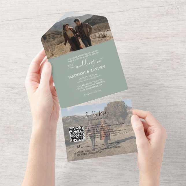 Casamento de RSVP de Código de QR Verde de Sage Mi (Aba destacável)