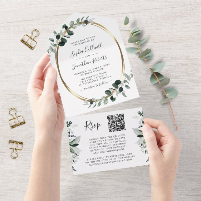 Casamento de RSVP de Código QR Dourado Eucalyptus  (Criador carregado)