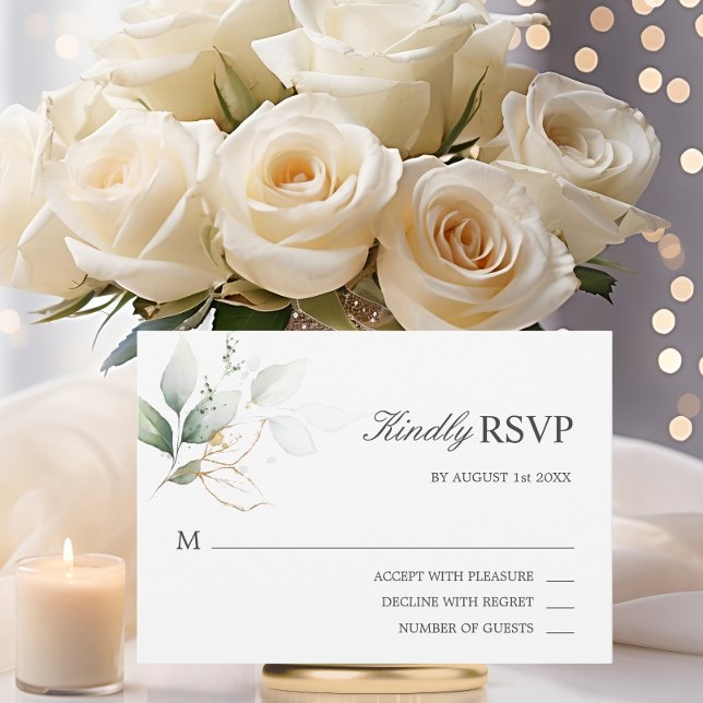 Casamento de RSVP de Folhas Verde Douradas de Água (Watercolor Gold Green Leaves RSVP Wedding)