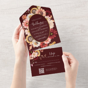 Casamento de RSVP de QR Dourada Floral de Burgundy