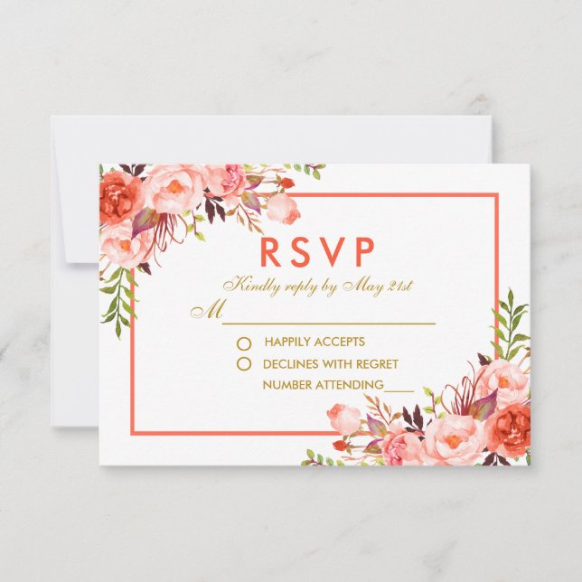 Casamento de RSVP Floral de Coral Dourado Watercol (Frente)