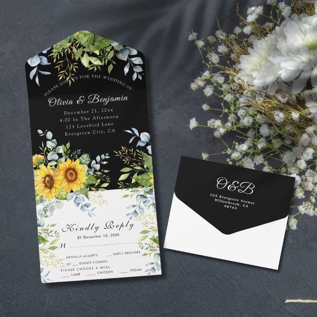 Casamento de RSVP Preto e Branco (Sunflower Greenery Black and White RSVP Wedding All In One Invitation )