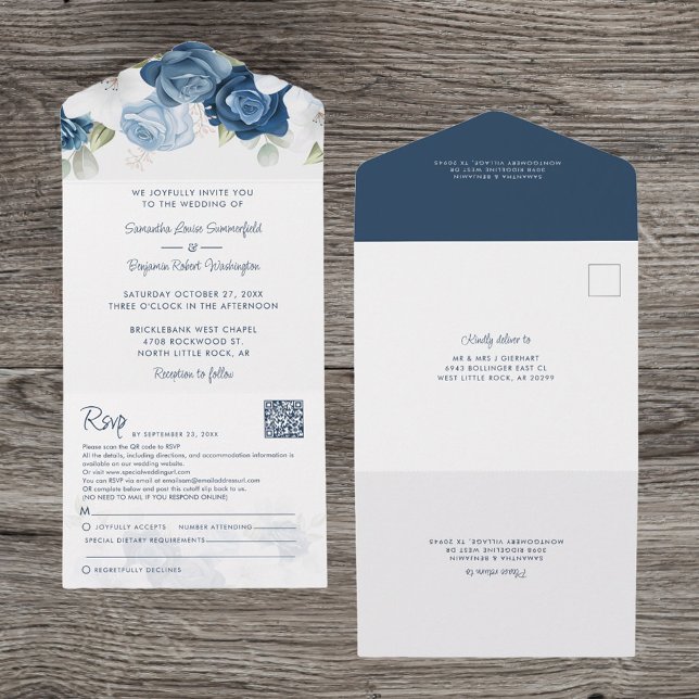 Casamento de Script Botânico Azul-Dusty Floral (All-in-One Dusty Blue Floral Wedding Invitation)