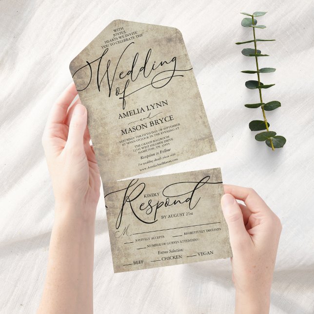 Casamento de Script de Caligrafia Elegante (Elegant Vintage Calligraphy Script All in One Wedding Invitation)