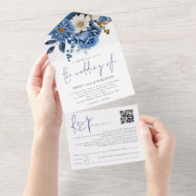 Casamento de Script de Código QR de Florais Azul m