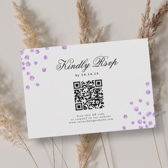 Casamento de Script Elegante QR RSVP Purple Confet (Elegant Script Wedding QR RSVP Purple Confetti )
