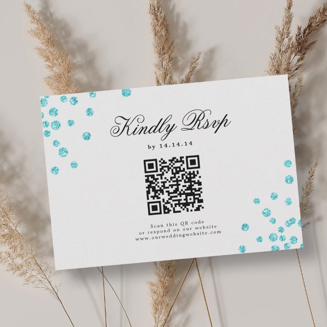 Casamento de Script Elegante QR RSVP Turquoise Con (Elegant Script Wedding QR RSVP Turquoise Confetti )