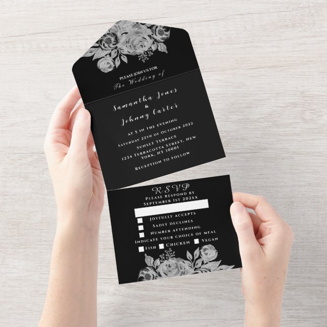 Casamento de Script Floral de Cor Branca e Negra (Aba destacável)