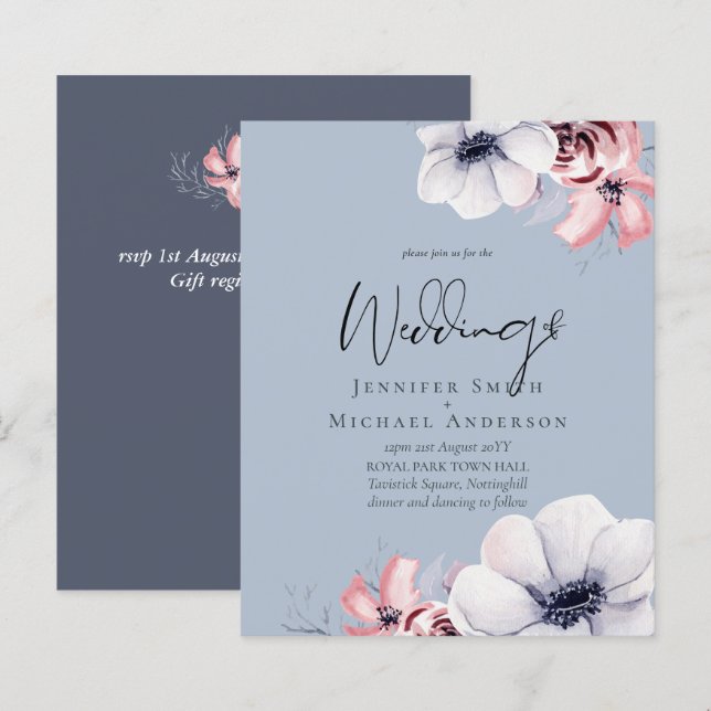 Casamento de Script Floral de Coral Azul Dusty (Frente/Verso)
