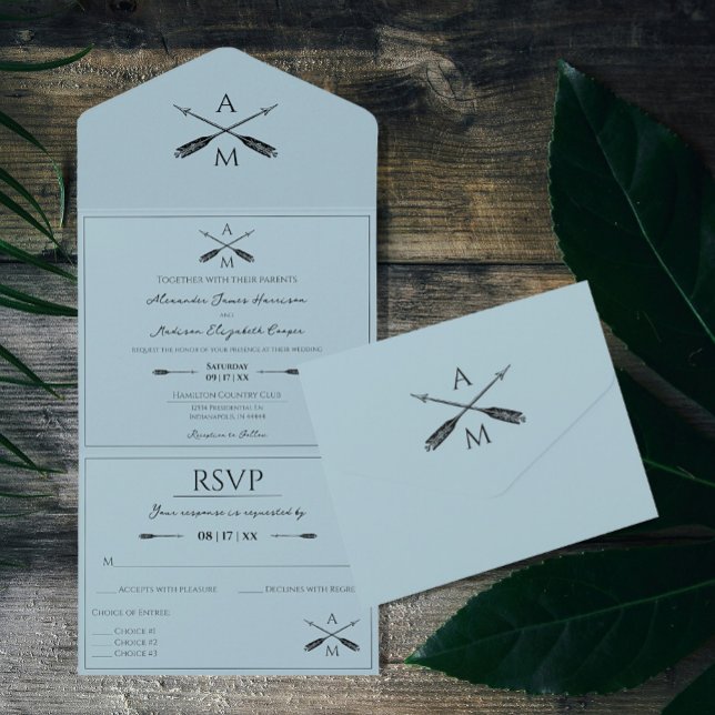 Casamento de Setas e Monogramas | Aqua (Aqua Arrows and Monograms Wedding All in One Invitation)