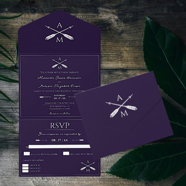 Casamento de Setas e Monogramas | Roxo (Purple Arrows and Monograms Wedding All in One Invitation)