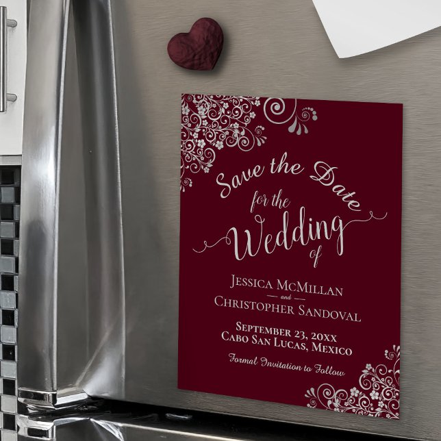 Casamento de Silver Lace Burgundy Salve o Magneta  (On Refrigerator)
