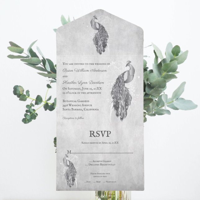 Casamento De Silver Peacock Todos Em Um Convite (Silver Peacock All in One Wedding Invite)