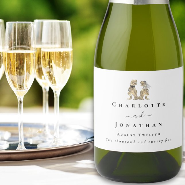 Casamento de Tema Dinossauro (Dinosaur themed wedding T-Rex bride and groom custom sparkling wine labels)
