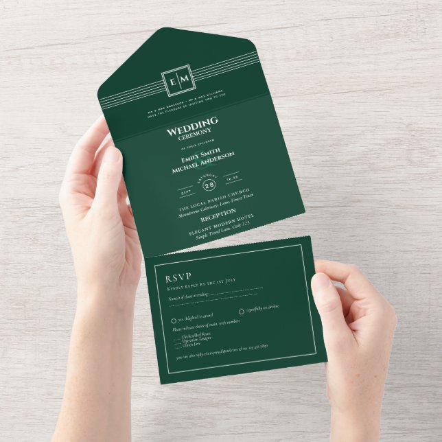 Casamento de Texto RSVP Monocromático Verde 3in1 (Aba destacável)