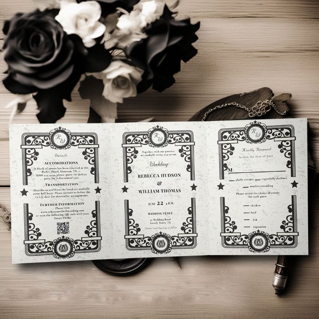 Casamento de três dobras da Rússia branca negra oc (country western black and white wedding invitation all in one formal elegant modern cowgirl ranch)