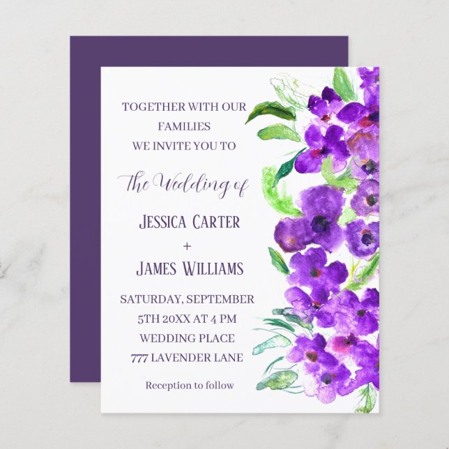 Casamento de Verão de Boho Floral Violeta Roxo (Frente/Verso)